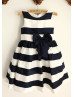 Ivory Navy Blue Stripe Taffeta Flower Girl Dress